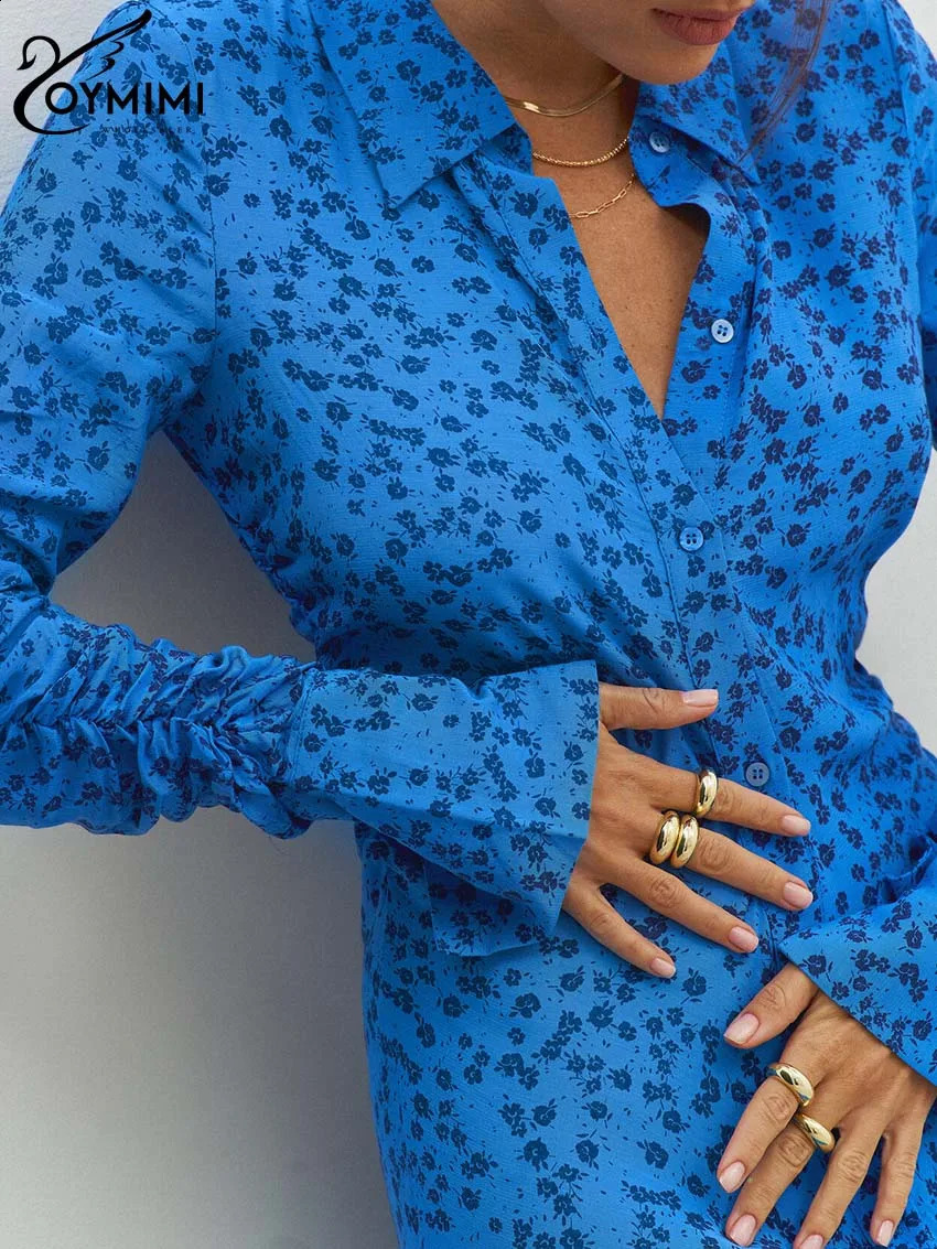 Oymimi Elegant Blue Print Dresses For Women Fashion Lapel Long Sleeve Button Dresses Casual Side Slit Ankle-Length Dress Female 240819