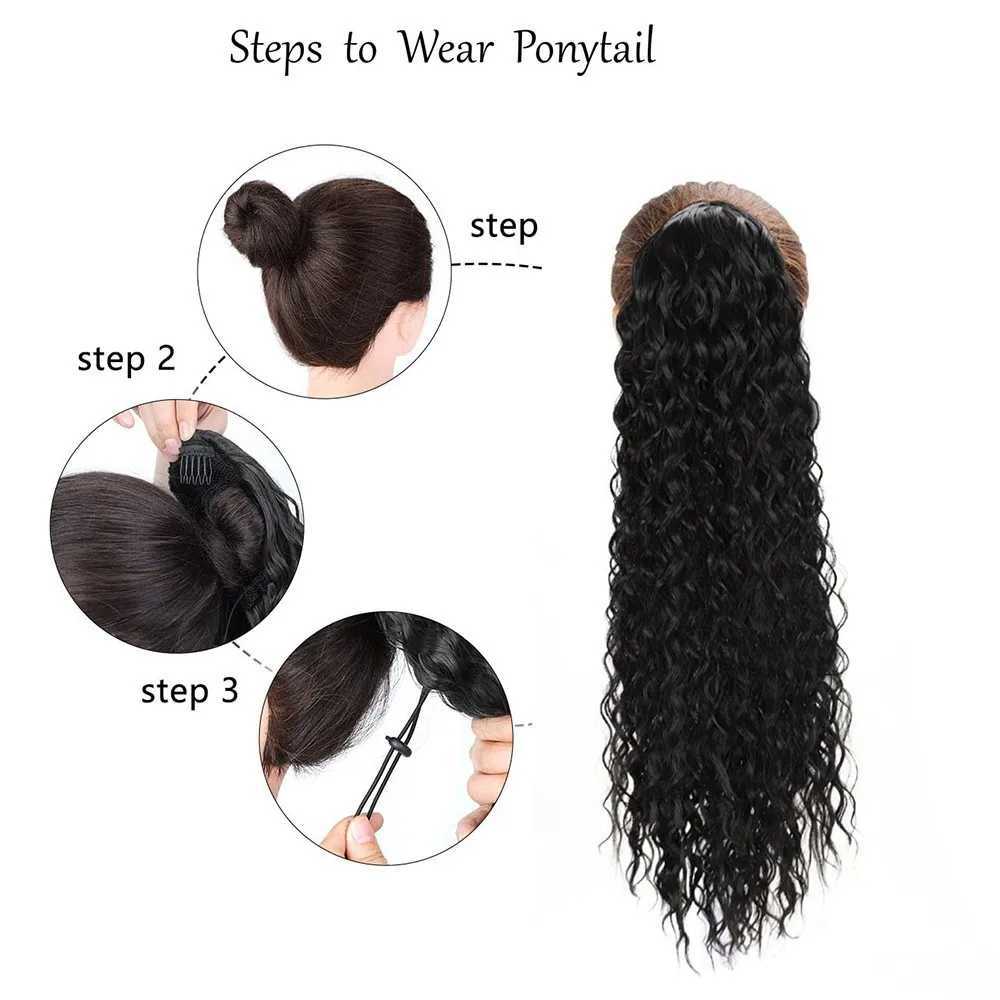 Synthetic 22 inch long wavy curly ponytail extension clip in tugged ponytail wig African ponytail female hair fake W240817