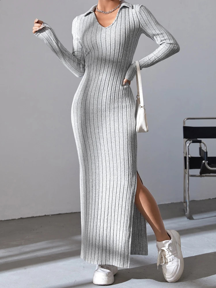 Women sexy knit V-neck reverse neck split dress autumn winter full sleeve elastic basic body sweater 240819