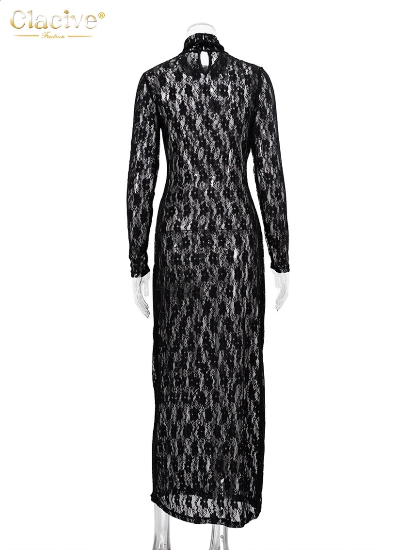 Clacive Sexy See Through Black Womens Dress Bodycon Turtleneck Long Sleeve Maxi Dress Female Fashion Slim Party Club Dresses 240819