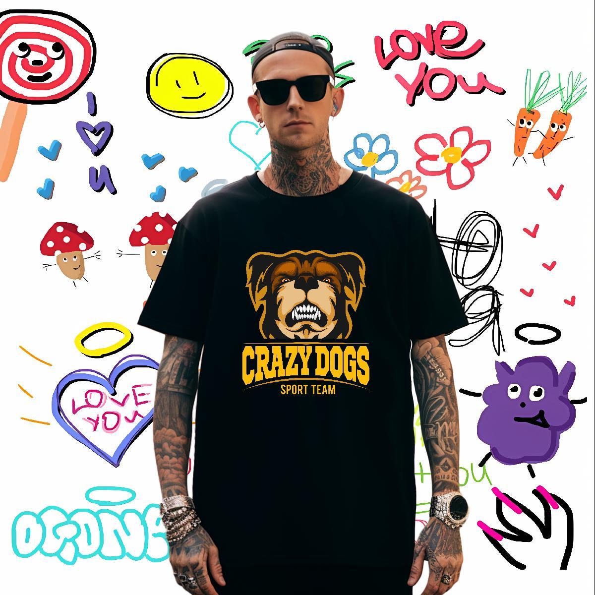 Cool T-Shirts crazy dog Crew Neck Breathable Street Wear Custom Print Oversized 230g 100% Cotton Mens Tshirts 2024 DIY Clothings