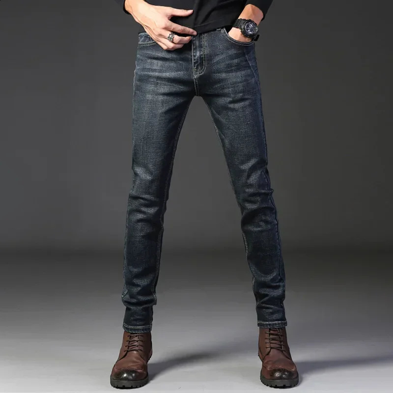 jeans mens winter season regular straight leg pants elastic slim fit casual 240819