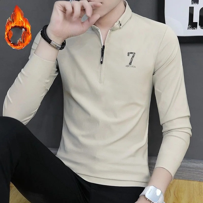 Mens Spring Autumn Turtleneck Solid Pullover Zipper Printed Long Sleeve T-shirt Undershirt Office Lady England Style Loose Tops 240820
