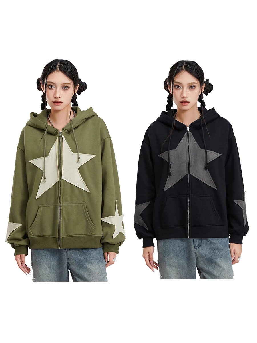 Womens Y2k Zipper Hoodie Star Printed Long Sleeve Graphic Jacket Aesthetic Oversized Coat Harajuku Street Clothing 240819