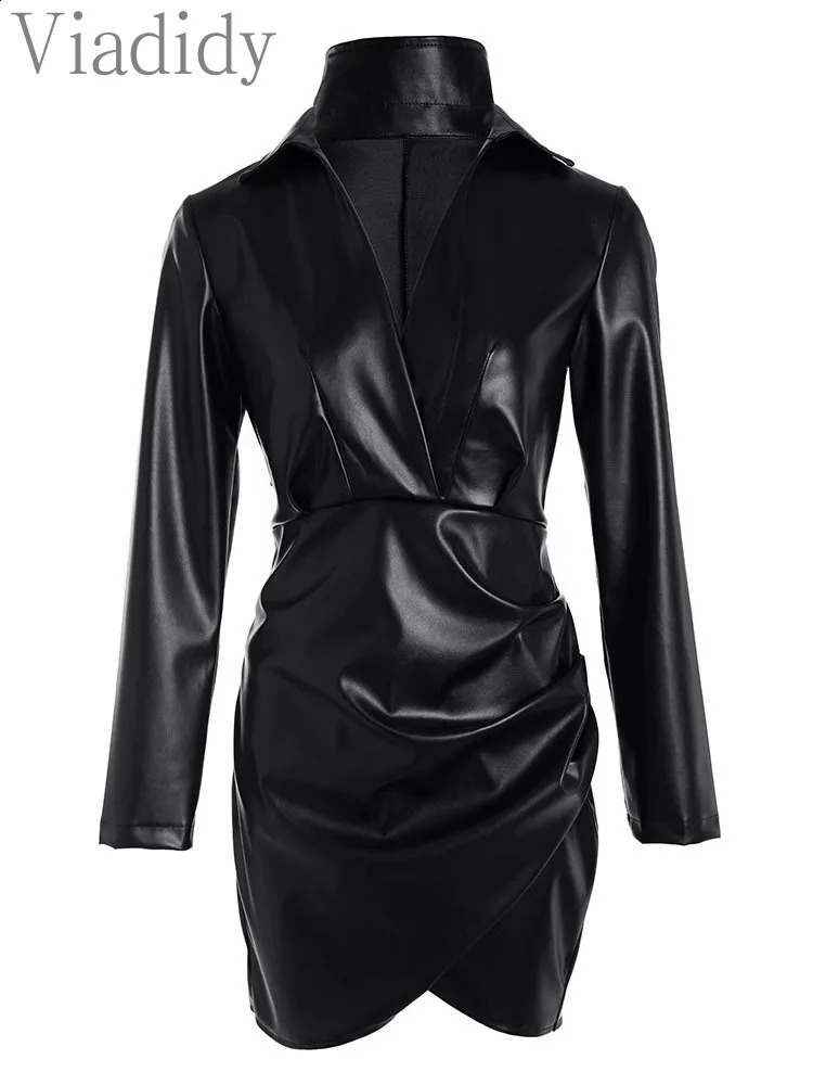 PU Leather Turndown Collar Low Cut Long Sleeve Ruched Bodycon Dress 240819