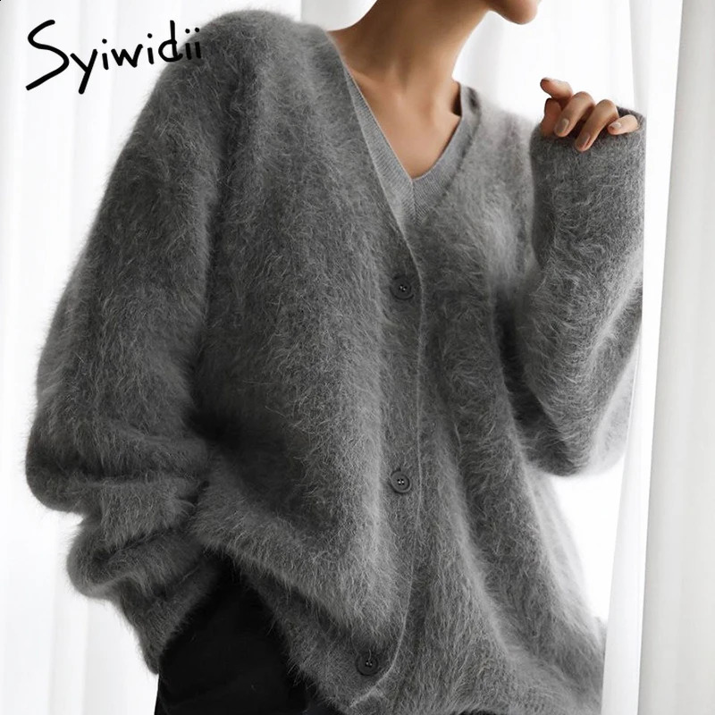 Syiwidii Elegant Knitted Womens Open Skirt Casual Vneck Single Chest Long Sleeve Sweater AutumnWinter Fashion Coat 240819