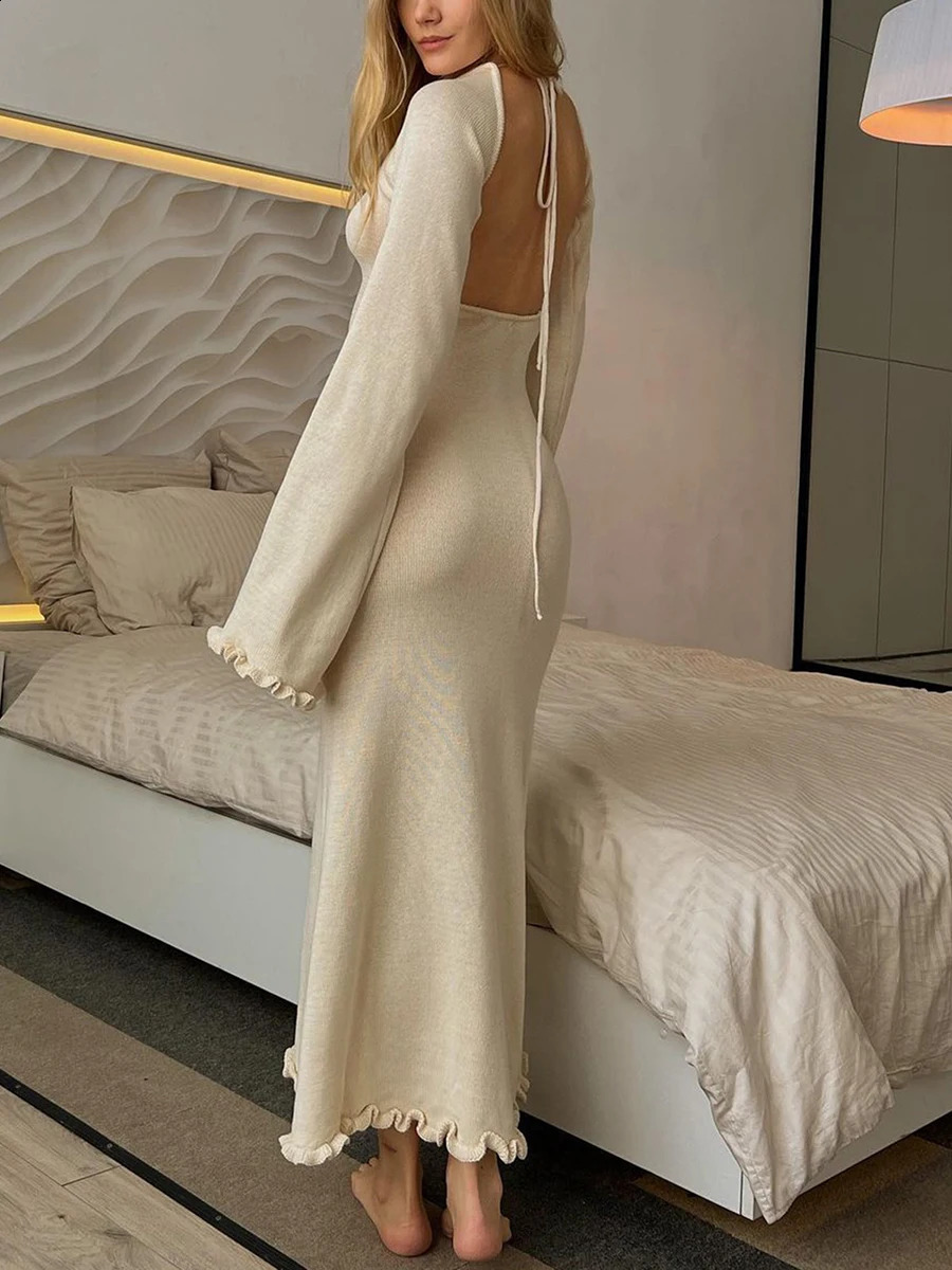 Women Knitted Bodycon Dress Long Sleeve Tie Backless Round Neck Dress Solid Color Ruffle Trim Casual Dresses Fashion Clothes 240823