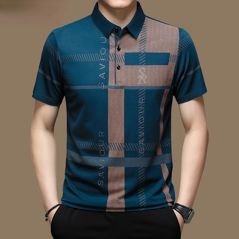 Mens Polo Shirt Business Casual Summer Short Sleeves Tops Pattern Print Button T Shirt Loose Clothes Fashion Polo T Shirt 240824