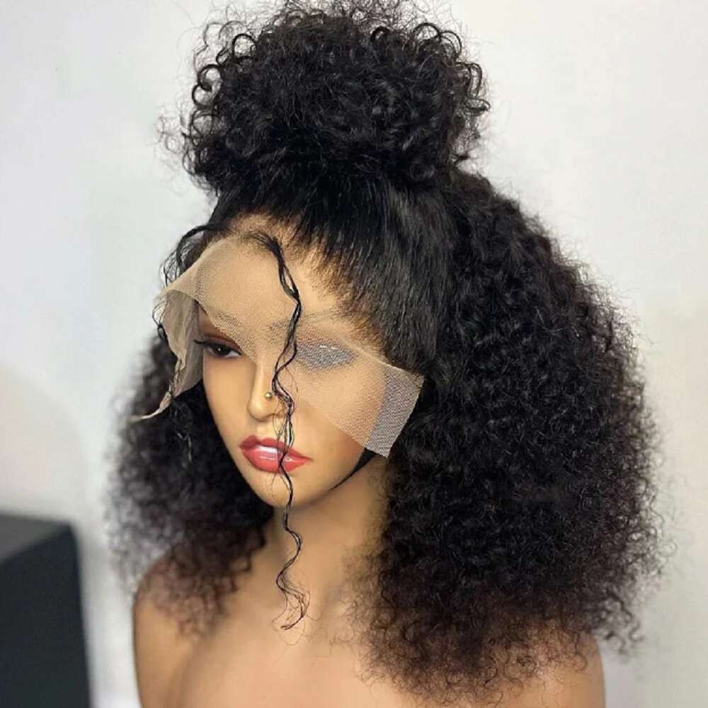 26Inch 180%Density Long Black Kinky Curly Preplucked Soft Haire Glueless Lace Front Wig For Women Babyhair