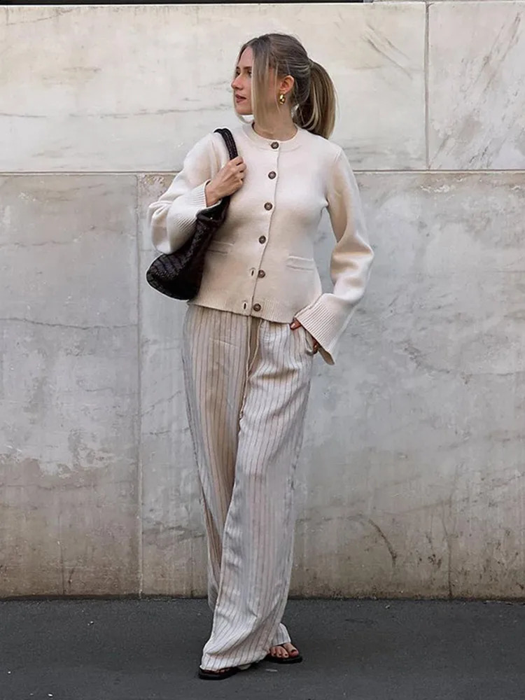 Casual Knitted Single Chest Open Skirt Womens Long Sleeve Thin Round Neck Solid Pocket Jacket Autumn Top 240819
