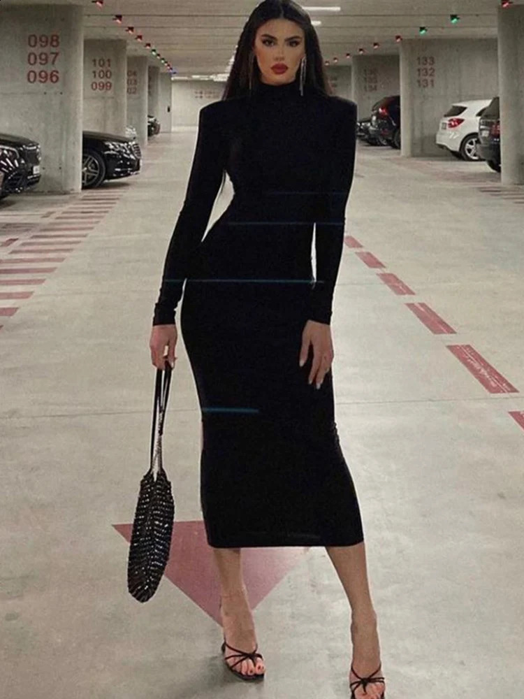 CNYISHE Women Turtleneck Black Sexy Bodycon Maxi Dress Winter Casual Streetwear Costume Casual Going Out Dresses Women Robe 240819