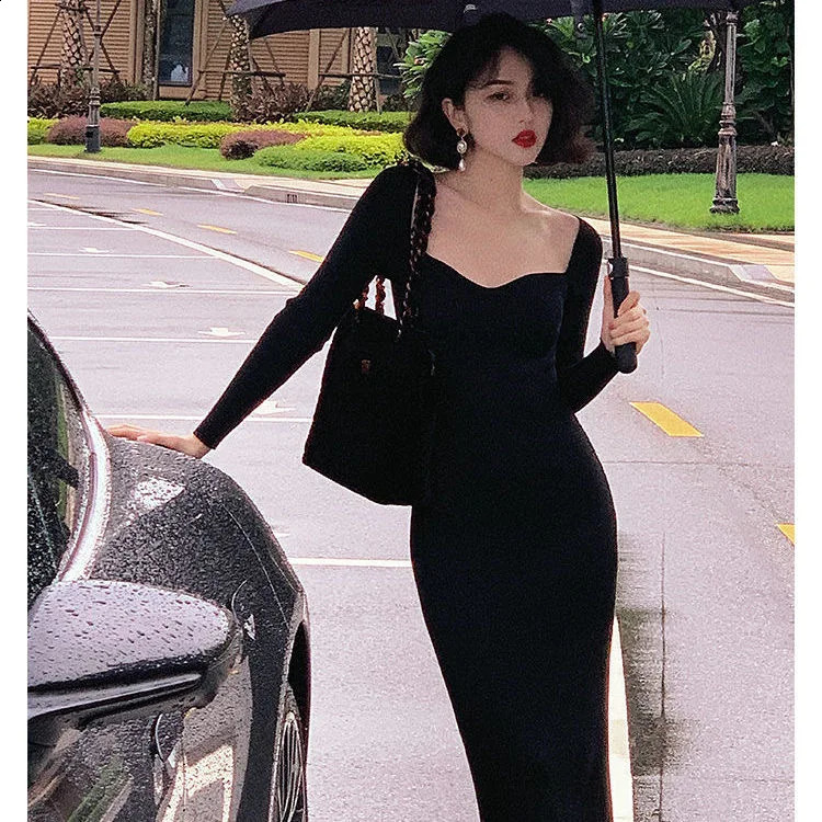 Knit Dress For Women Square Collar Long Sleeve Slim Solid Color Autumn Sexy Streetwear Party Women Winter Long Dress 240819