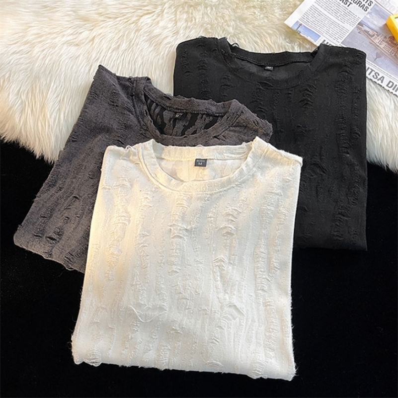 Ripped T shirts Men Hole Y2k Tops Streetwear Summer O-neck Clothing Hip Hop Fashion Teens American Retro Vintage Baggy 240819