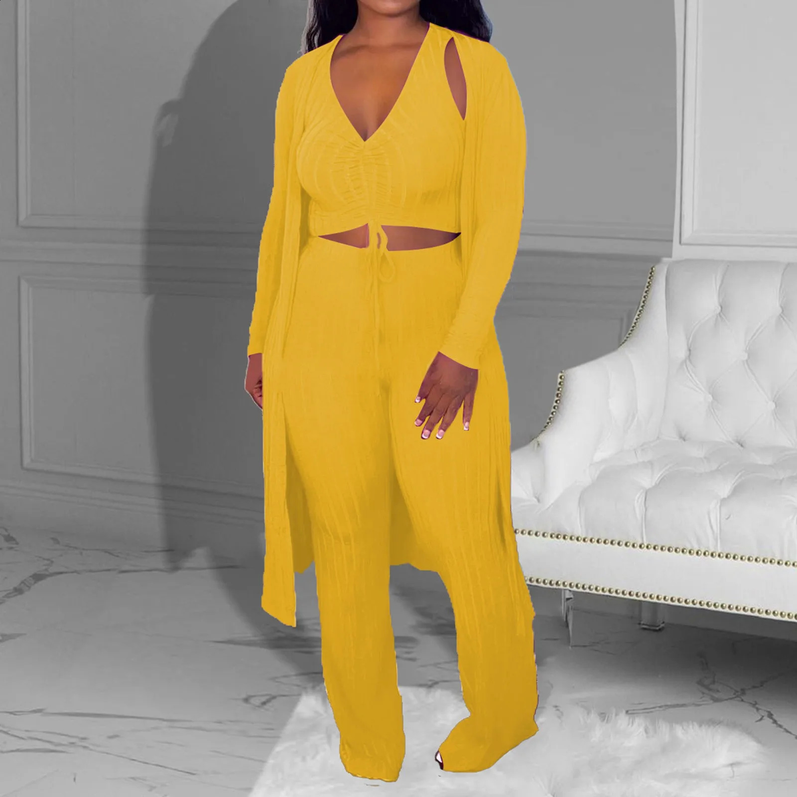 Spring Autumn Fashion Casual 3 Piece Suit Set V Neck VestMid-Length CardiganHigh Waist Trousers HIgh Quality Elastic Tracksuit 240819