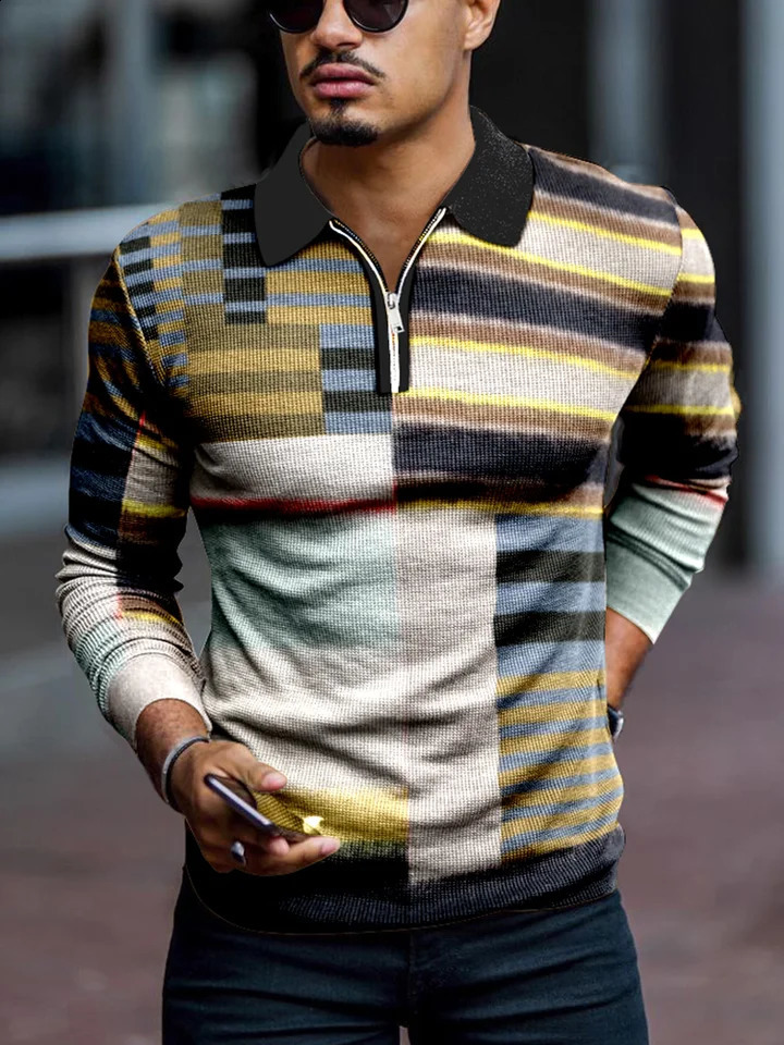 Trendy versatile loose fit suitable for all seasons of mens long sleeved zipper polo shirt MB14 240820