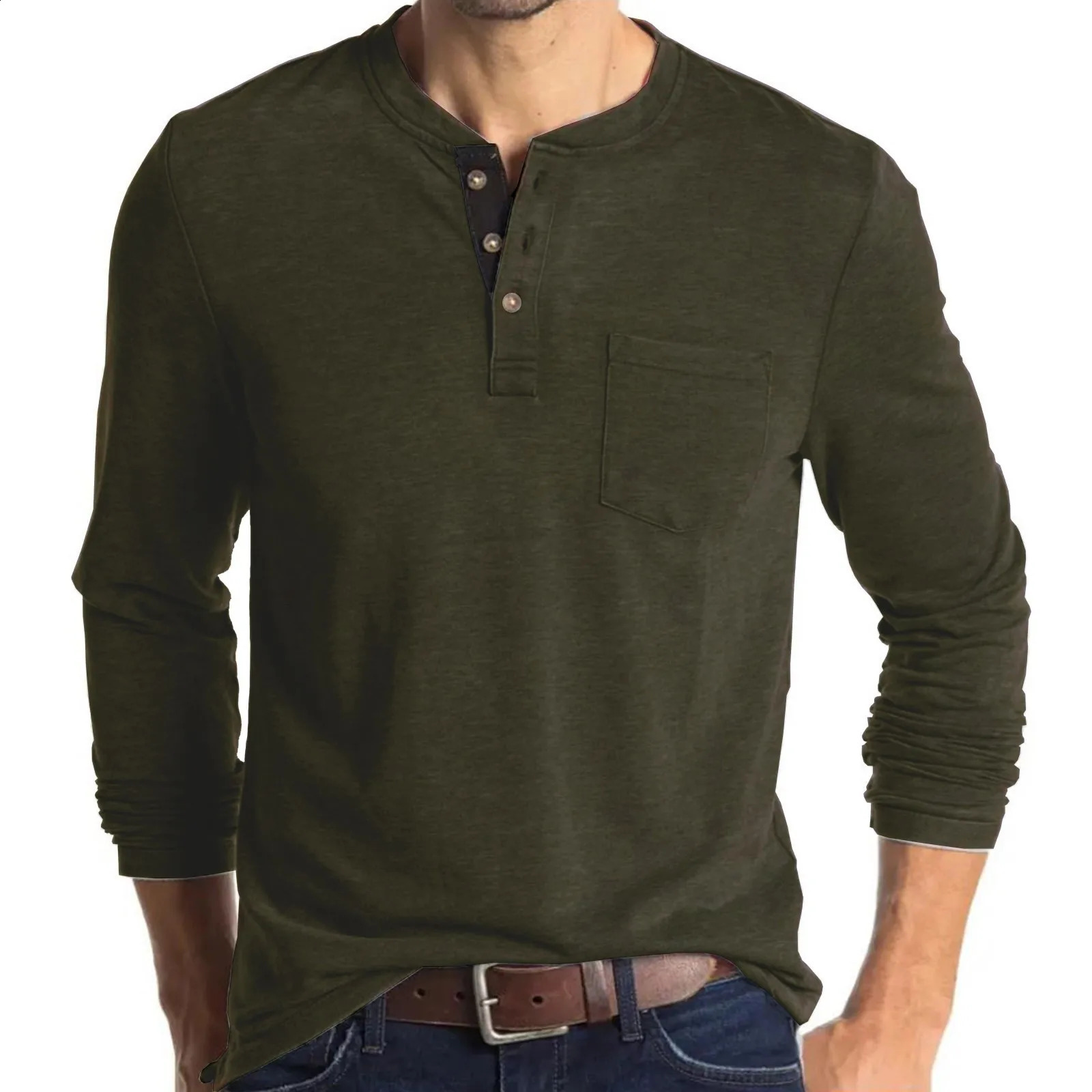 Mens Round Collar Long Sleeved T-shirts Solid Casual Top Single Breasted Pocket TShirt Soft Comfy Bottoming Shirt for Spring 240820