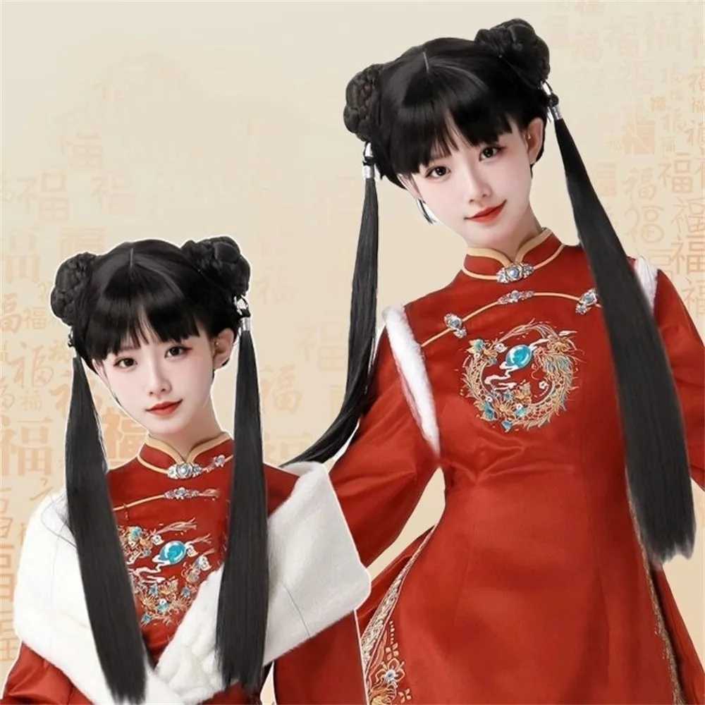 1 new wig ponytail womens new Chinese style hair clip extended ponytail long filament straight hair double braid W240817