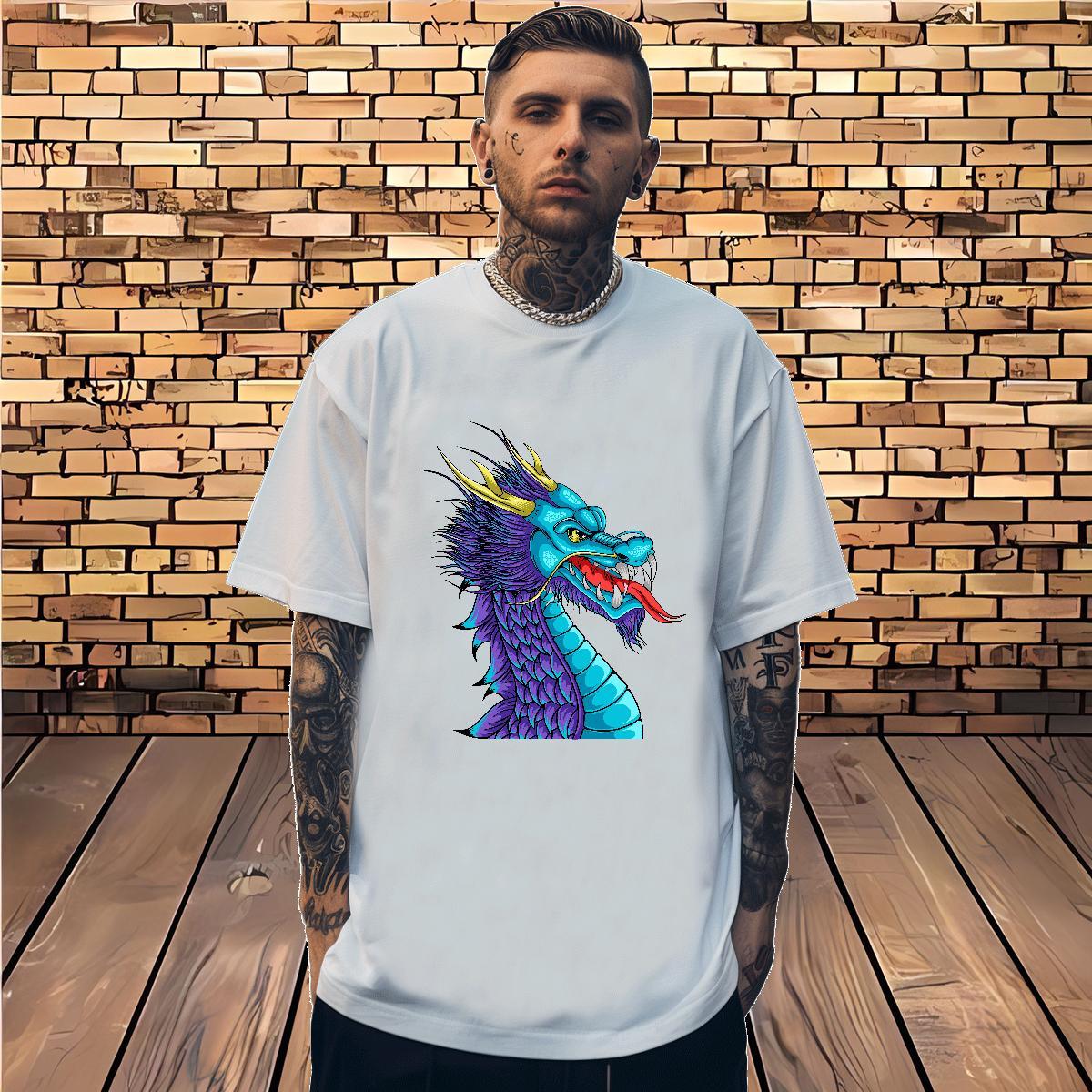 T Shirts Men 100% Cotton 230g dragon Anime Printing Street Short Sleeve O-Neck DIY Men Tops Tees 2024 New Soft Tshirts