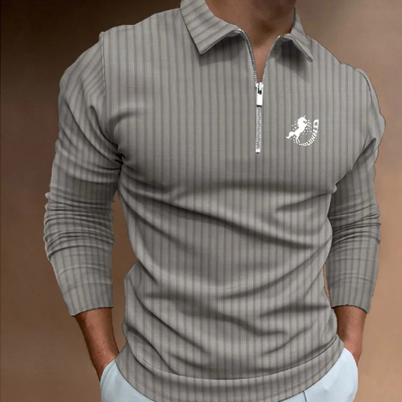 Trending Men Long Sleeve Casual Print Stripe Zipper Polo Shirt Men Golf Polo Shirt . 240820