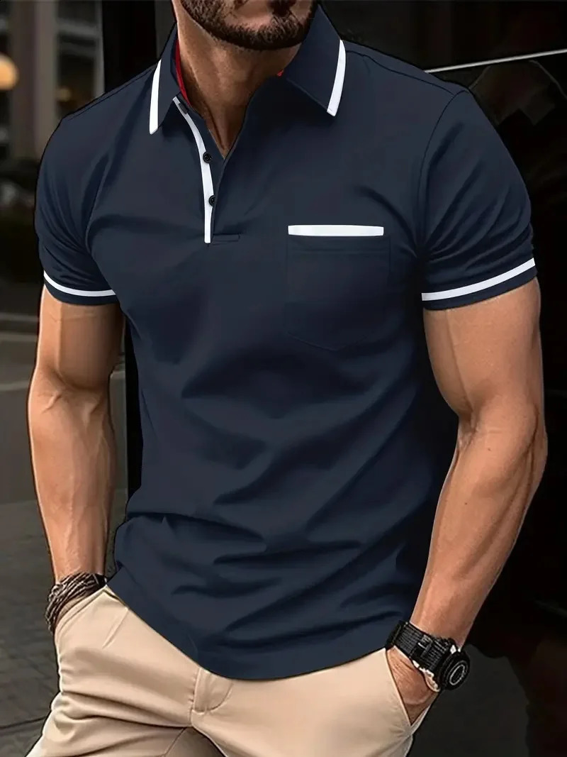 Mens short-sleeved polo shirt button pocket white T-shirt sports casual loose fashion mens spring summer top 240820