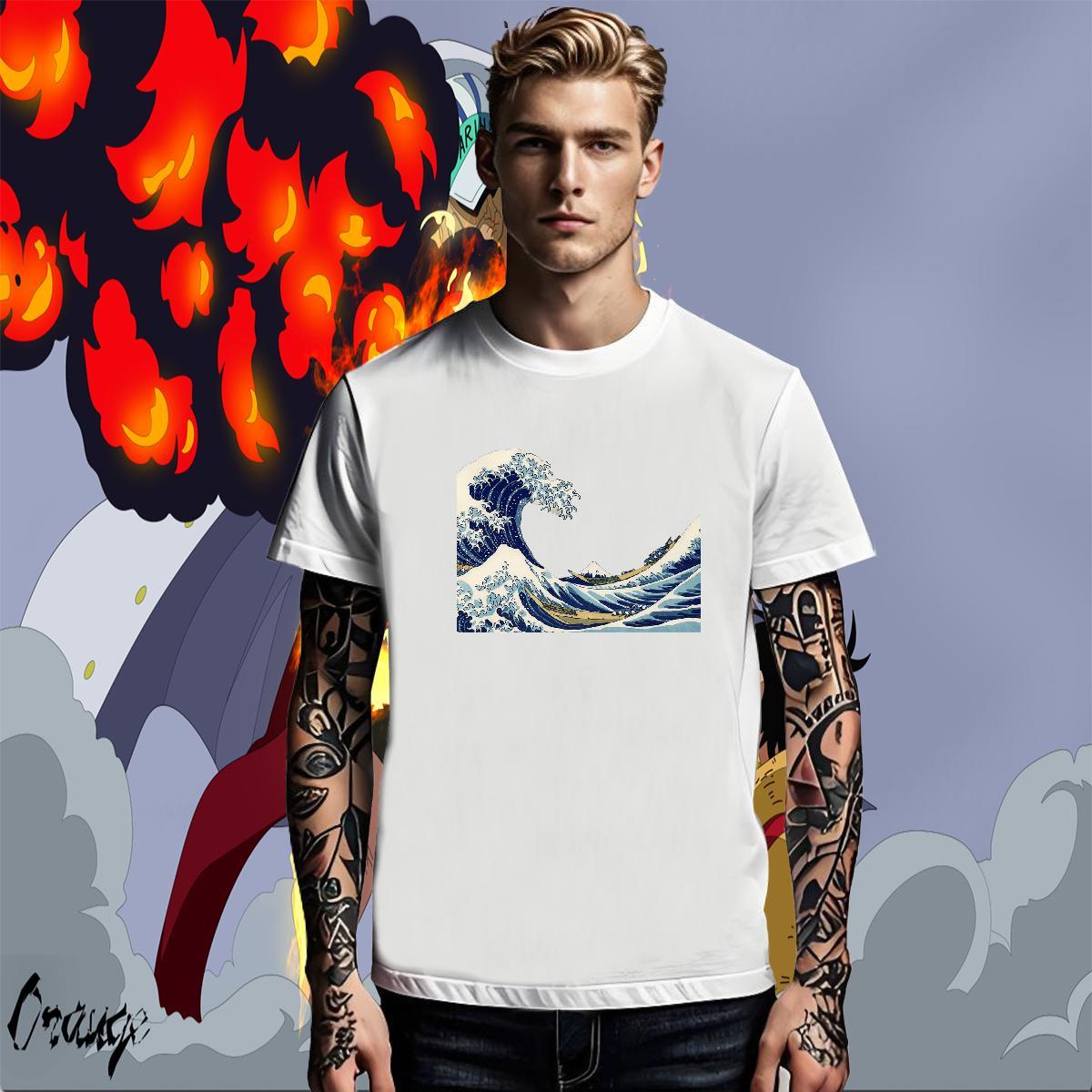 Comfortable Men Tops Tees Hip Hop 100% Cotton 230g Graphic Breathable Crew Neck sea wave Mens T Shirts Classic Casual Clothes