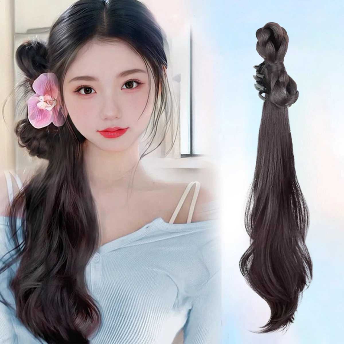 Micro curled synthetic lazy grip clip with ponytail hair extension clip next to female ponytail hair accessories wig W240817