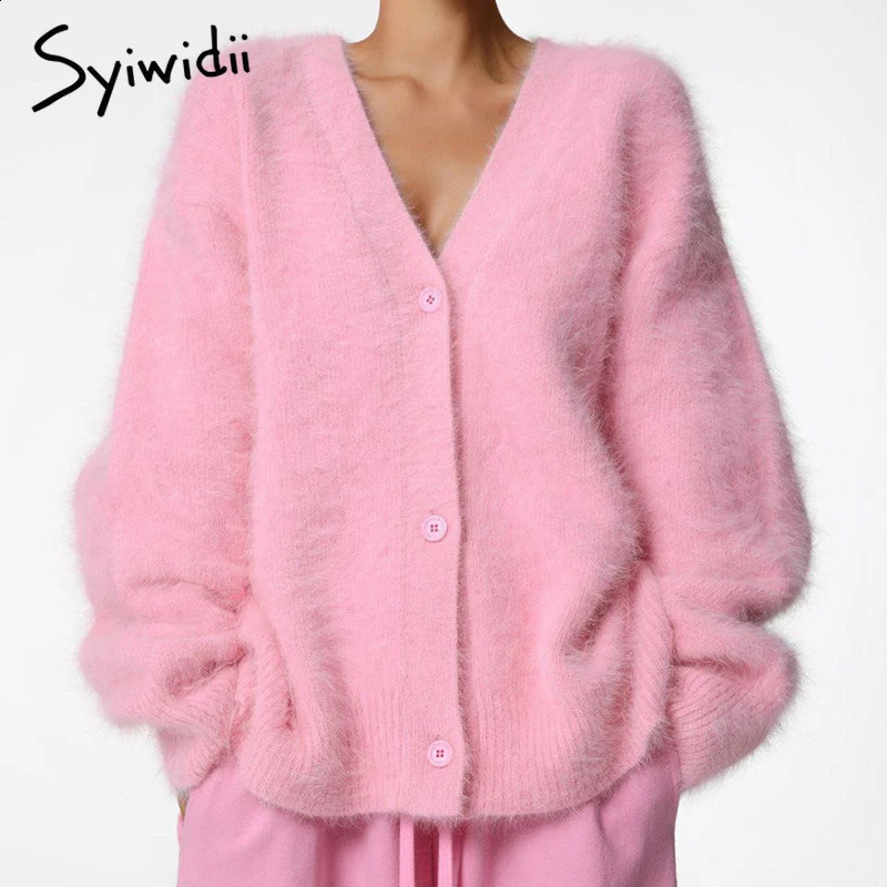 Syiwidii Elegant Knitted Womens Open Skirt Casual Vneck Single Chest Long Sleeve Sweater AutumnWinter Fashion Coat 240819