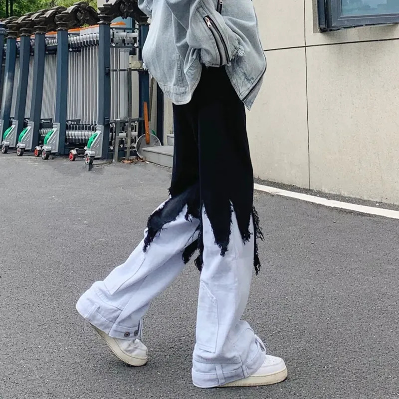 Y2K Fashion Black White Spliced Baggy Flared Stacked Jeans Pants For Men Clothing Women Wide Leg Long Trousers Ropa Hombre 240819