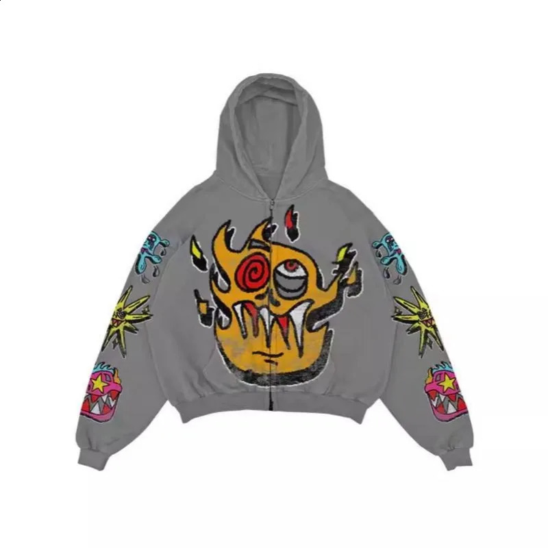 Instagram American Hip Hop Street Graffiti Printed Zipper Hoodie for Men Y2K Retro Gothic Casual Loose Couple Sweatshirts 240819