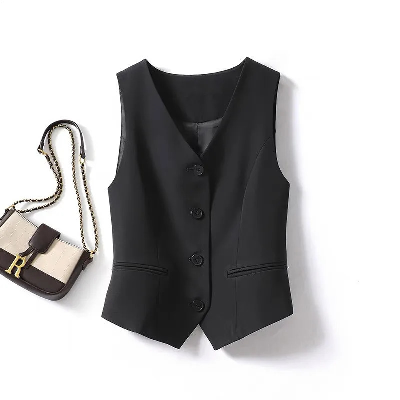 Wxw0721 black jacket womens Vneck short sleeved vest thin spring summer 240819