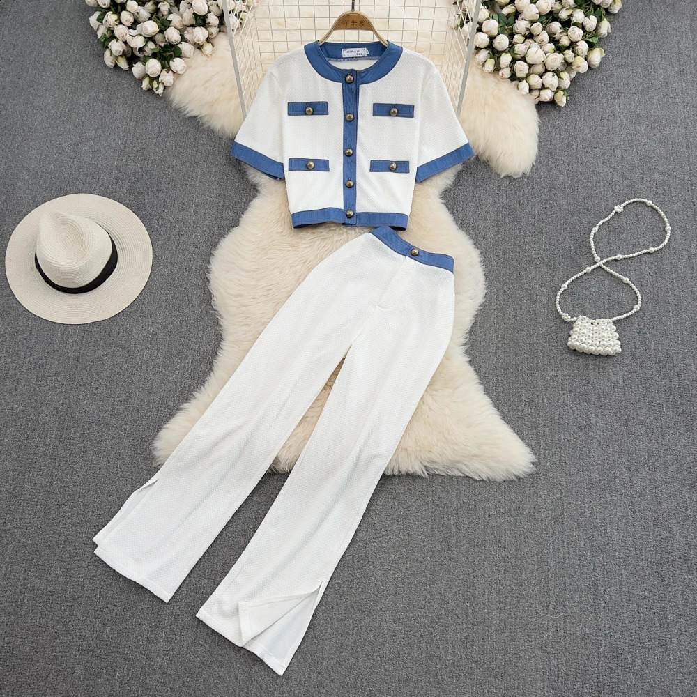 Women 2 Pieces Clothing Sets O-Neck Short Sleeve Patchwork Button Tops High Waist Split Straight Trousers Suits Outfits 240819