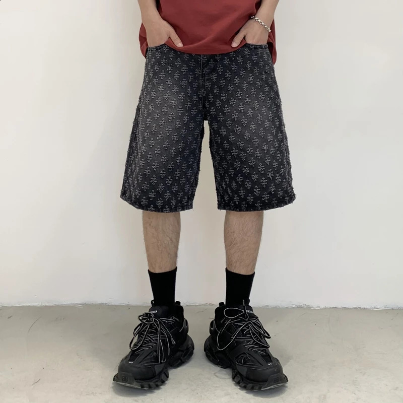 Summer black jacquard mens shorts tear hole knee length denim casual wide leg pants 240819