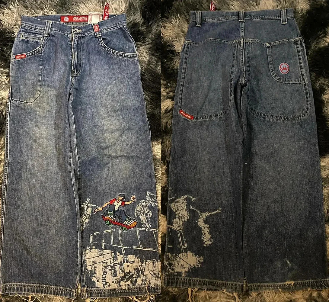 Jeans for Men JNCO Streetwear Y2K Haruku Hip Hop Skateboard Graphic Retro Blue Baggy Jean Gothic High Waist Wide Leg Trouser 240819