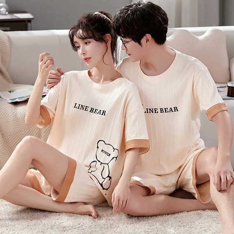 Short Sleep Top and Pants 2 pieces/set Summer Pajamas Mens Evening Dress Cotton Womens Wear Korean Couple Home Clothing Direct ShippingW240719