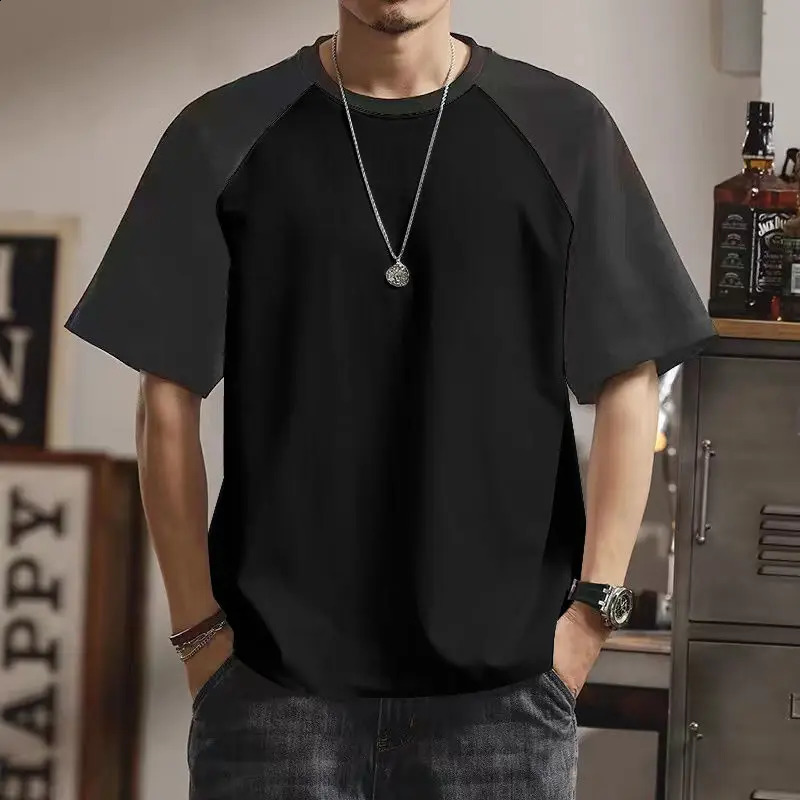 Summer Fashion Korean Mens Panel Round Neck Short Sleeve Tshirt Splicing Work Simple Casual Solid Raglan Top 240819