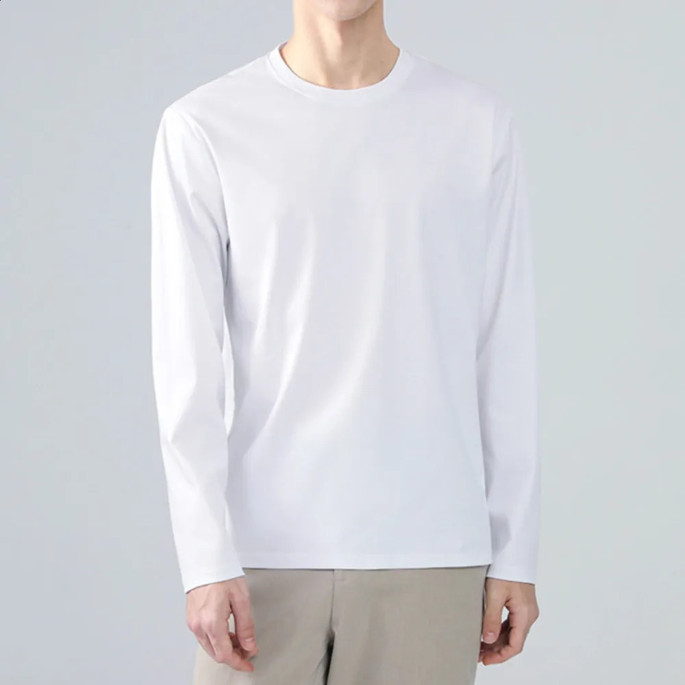 Premium Comfort Lightweight 80s Pima Cotton Long-Sleeve Tshirt Men Classic Solid Color Retro Crew Neck High-Quality Top Tees 4XL 240820