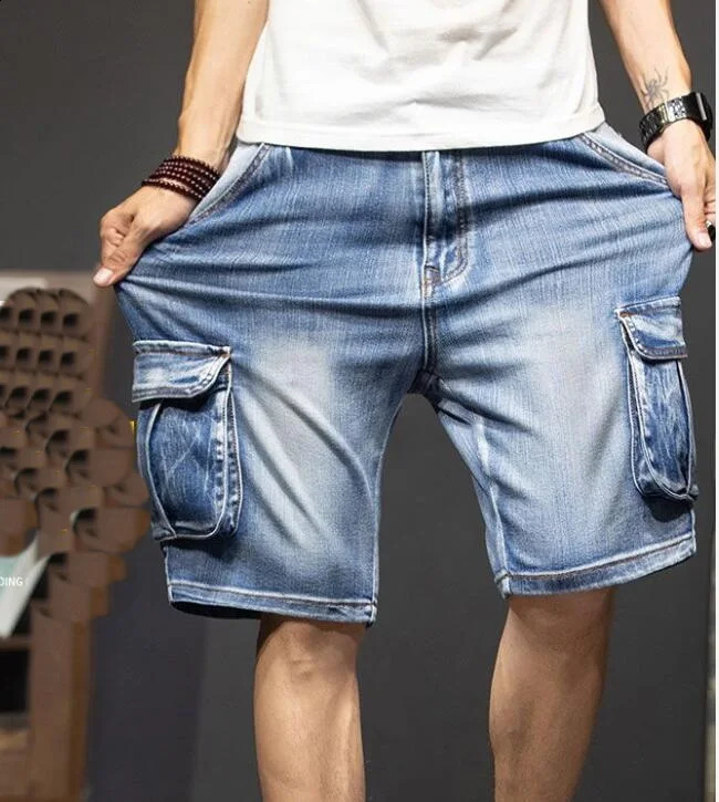 Mens Multi Pocket Summer Loose Distressed Wide Leg Knee Length Shorts Washed Fashion Denim 240819