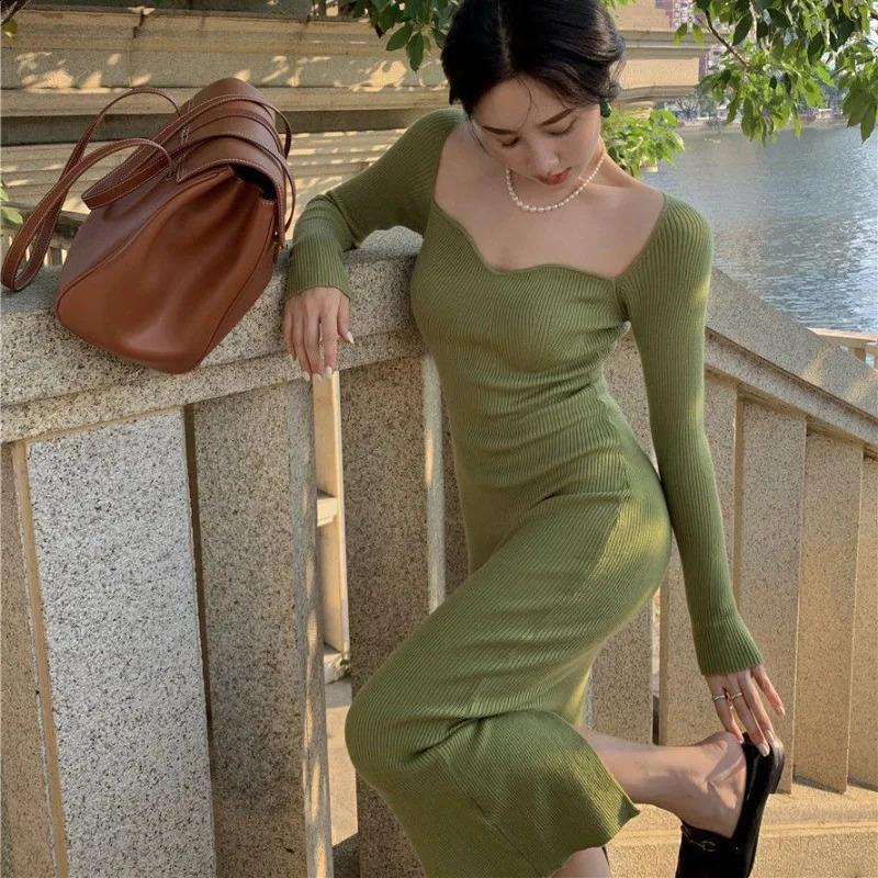 Knit Dress For Women Square Collar Long Sleeve Slim Solid Color Autumn Sexy Streetwear Party Women Winter Long Dress 240819
