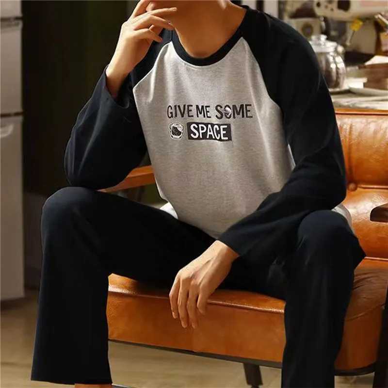 Mens plus size sleepwear set solid round neck knitted cotton sleepwear set mens 4xl sleepwear autumn casual mens sleepwearW240719