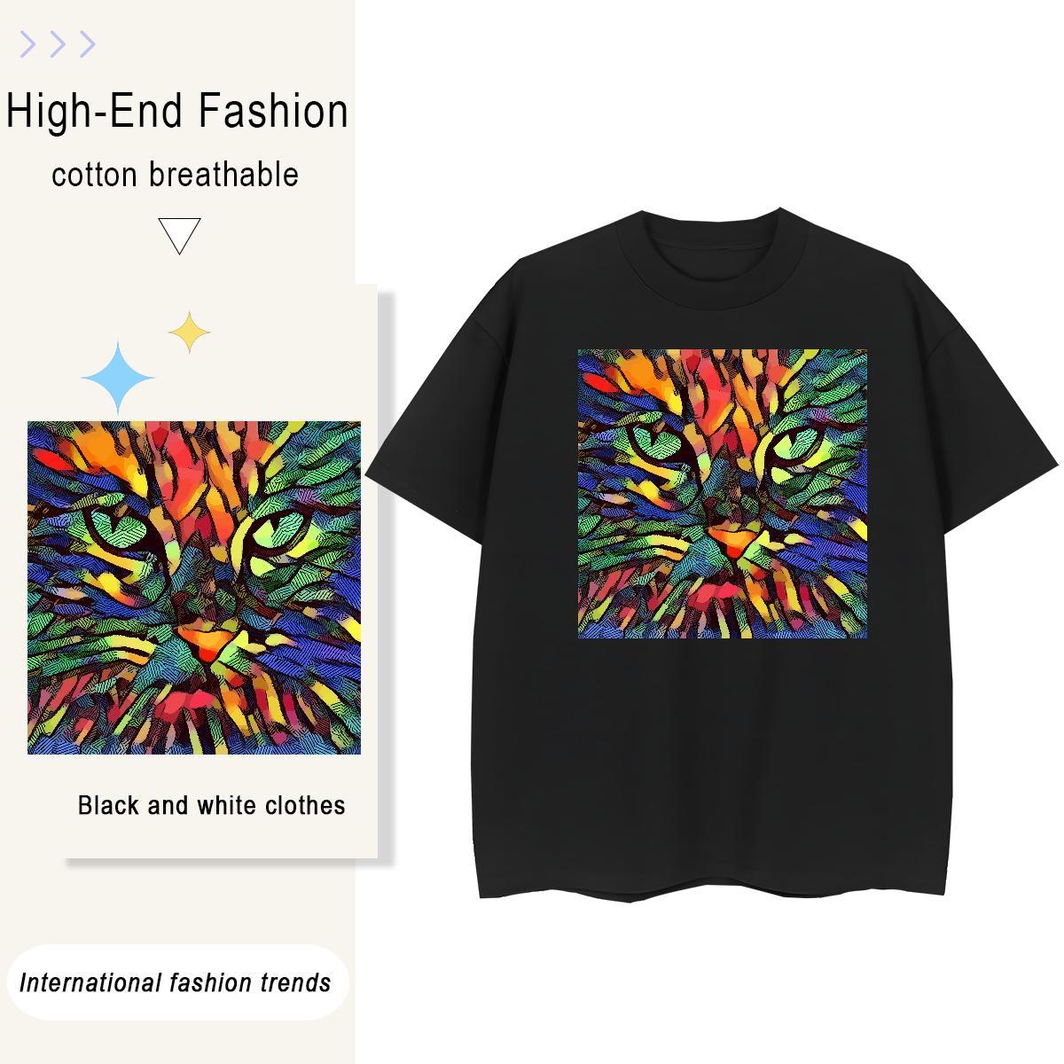 Classic Women Tees Home Outdoor Comfortable Tshirts Loose 100% Cotton 230g cat Floral Print T-Shirts for Women
