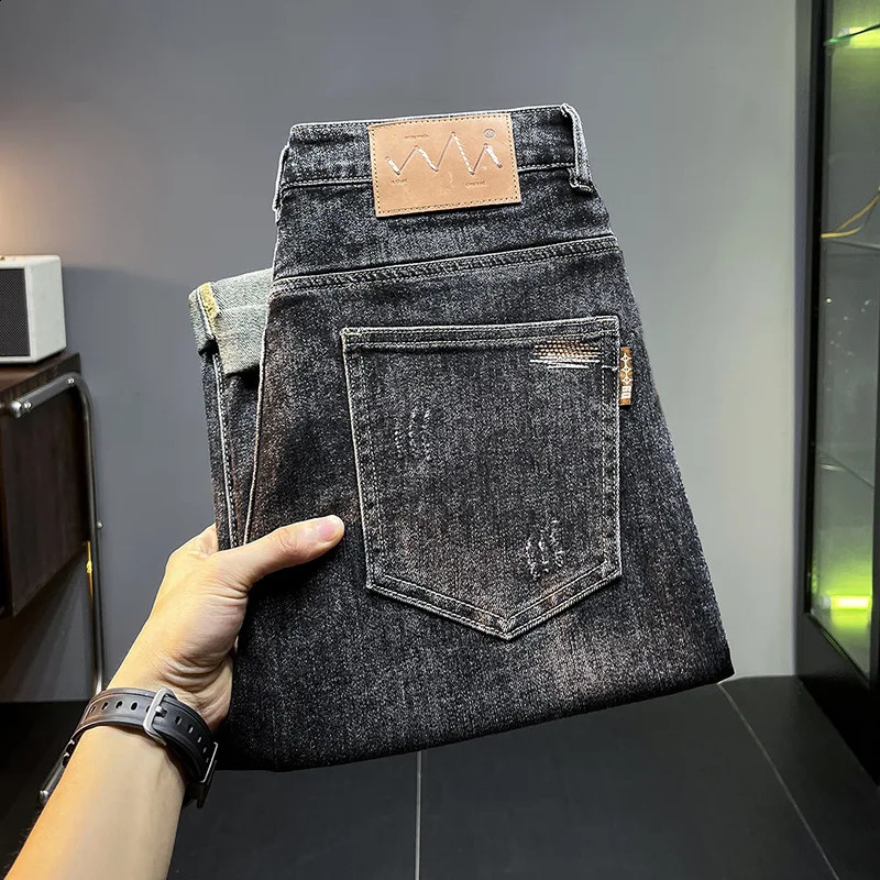 Autumn and winter black gray jeans men fashion holes denim casual Stretch Slim Fit Ankle tight trousers 240819