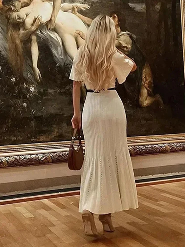 Knitted Women Long Dresses Hollow Out Short Sleeved Women Split Dress O-neck Single Breasted Female Solid Elegant Ladies Robe 240823