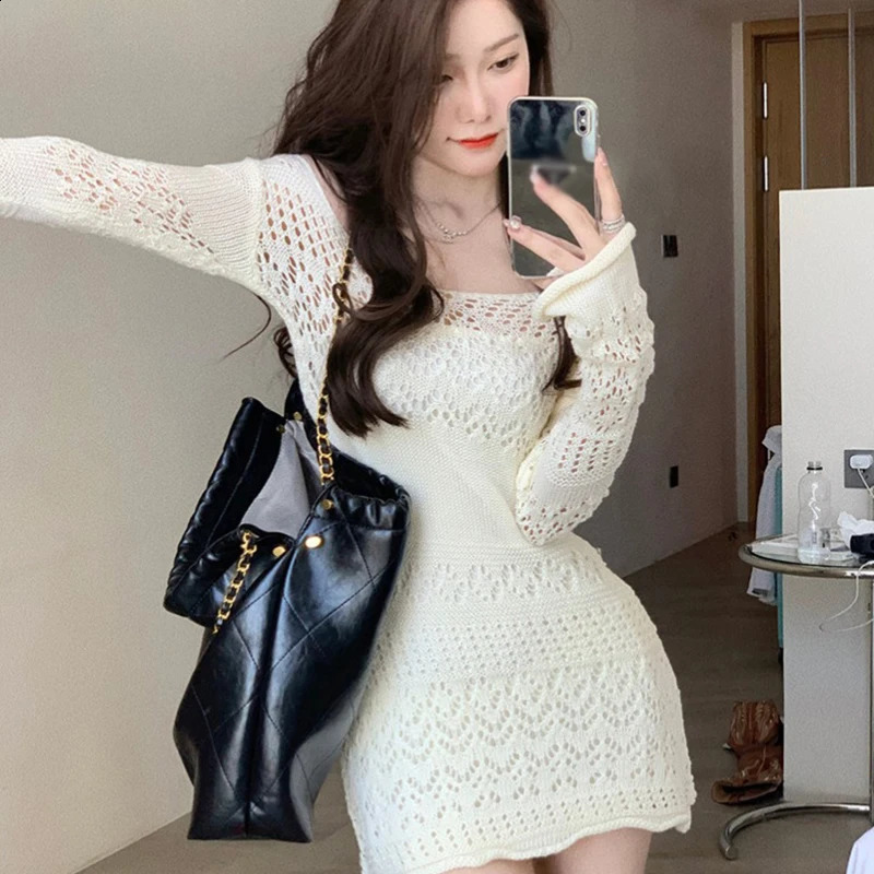Sexy Hollow Out Elegant Knitted Women Solid V-neck Long Sleeve Mini Dress 240819