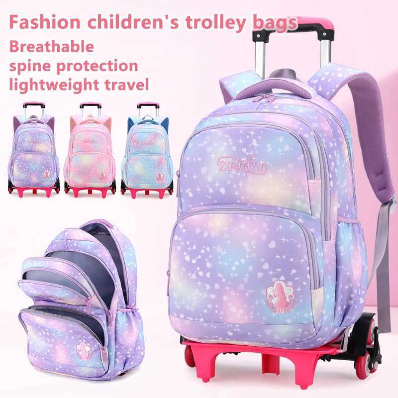 Childrens trolley bags with wheels student backpack girls trolley bags cute school bags large-capacity roller backpack star Y240820