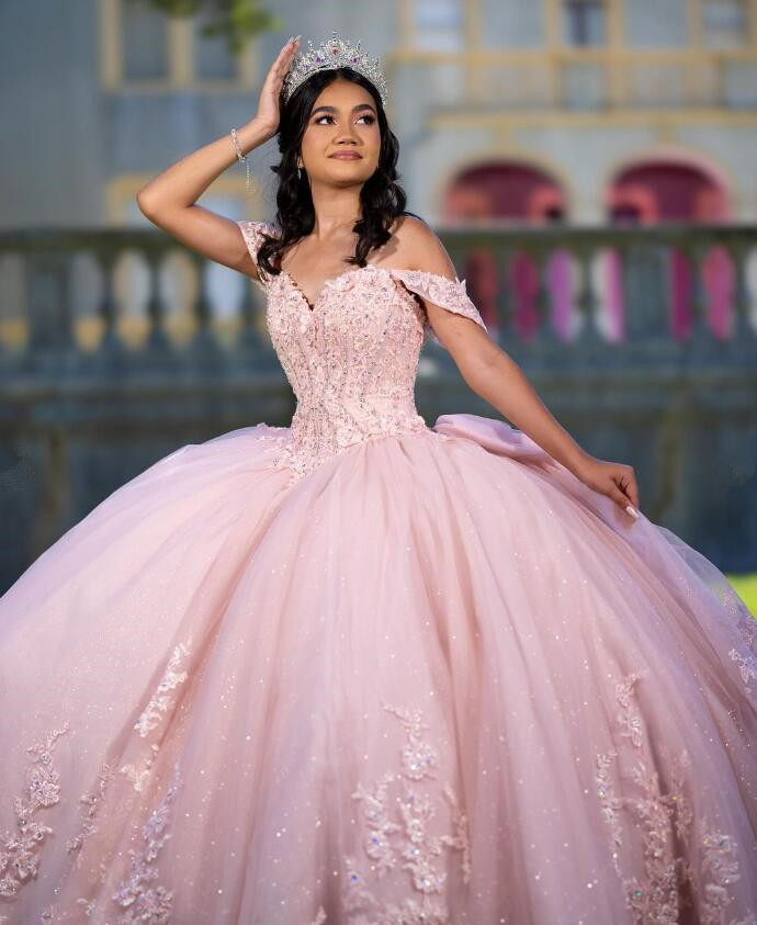 Pink Princess Sparkly Quinceanera Dresses Off Shoulder Floral Applique Lace-up Corset Tutu vestido 15 anos quinceanera 2025
