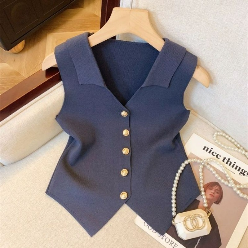Vneck set womens summer silk knitted cardigan wool sweater French sleeveless slim fit top 240819