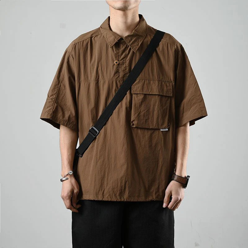 Summer Japan Style Vintage Short Sleeve Men Polo T Shirts Casual Fashion Harajuku All-match Oversized Couple Clothing Brown Blue 240819