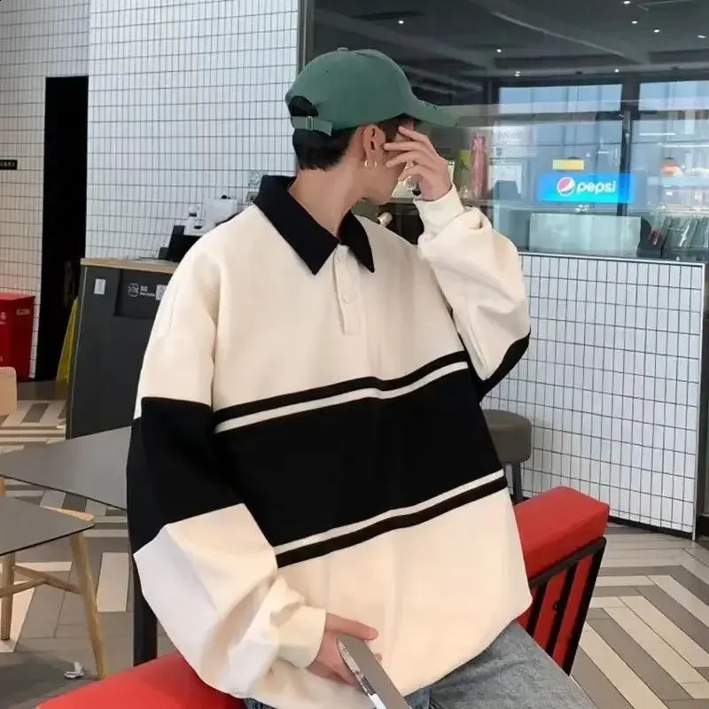 Stripe Polo Sweat Shirt T Man Oversize Top Big Size Sweatshirts Baggy Harajuku Fashion High Quality Japan Quotes Mens Clothing 240819