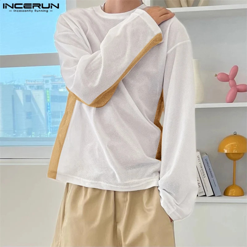 Men T Shirt Mesh Patchwork O-neck Long Sleeve See Through Men Clothing Streetwear Loose Fashion Casual Tee Tops INCERUN 240820
