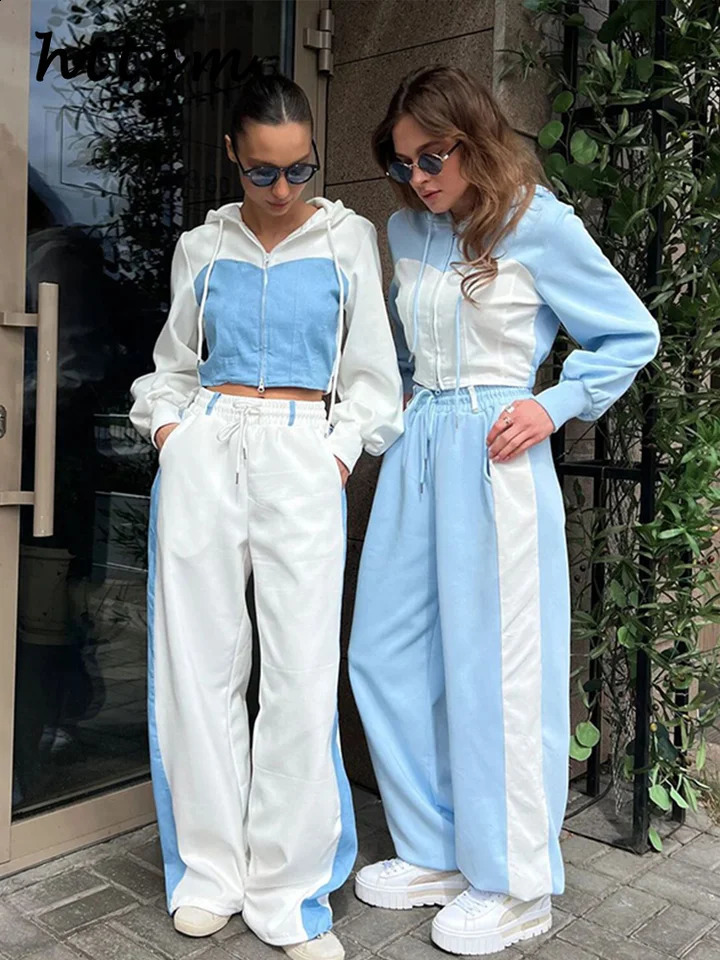 Casual Comparison Hoodie Pants Set Womens Ultra Thin Zipper Short Lace Wide Leg Autumn Fashion Track Clothing 240819